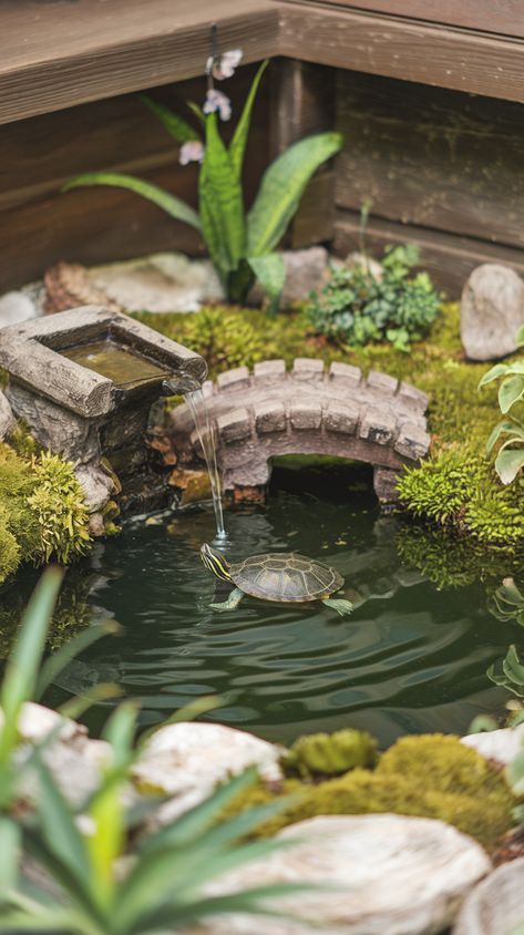 Small Indoor Turtle Pond with mini bridge and fountain setup. it has plants, moss and a turtle. Spotted Turtle Tank, Terrapin Tank Ideas, Turtle Pond Diy, Turtle Enclosure Indoor, Red Eared Slider Turtle Habitat, Turtle Pond Ideas, Indoor Turtle Pond, Indoor Koi Pond, Turtle Tub