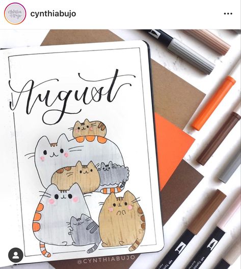 Cat themed bullet journal cover page #bujoideas #bulletjournaling Doodle Bullet Journal, August Bullet Journal Cover, August Bullet Journal, Bullet Journal August, Bujo Themes, August Themes, Bullet Journal Month, Bullet Journal Cover Page, Pusheen Cat