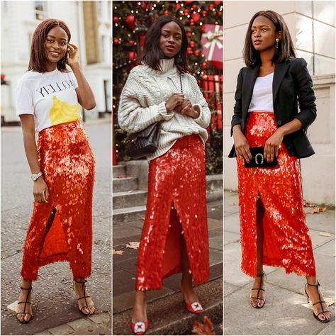 Sequin Midi Skirt Outfit, Long Red Skirt Outfit, Red Midi Skirt Outfit, Red Sequin Skirt, Red Skirt Outfits, Sequin Skirt Outfit, Straight Midi Skirt, Red Long Skirt, Spring Skirt Outfits