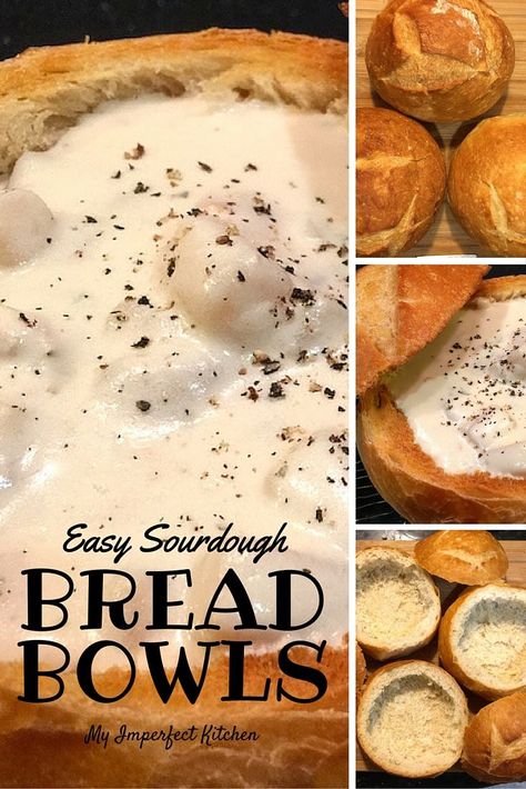 Sourdough Bowl Recipe, Easy Bread Bowls, Sourdough Bread Bowl Recipe, Sourdough Bread Bowls, Asiago Bread, Artesian Bread, Easy Sourdough Bread, Bread Bowl Soup, Homemade Bread Bowls