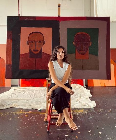 Artist In Studio Photoshoot, Modern Self Portrait, Artists With Their Art, Artist Posing With Painting, Artsy Woman Aesthetic, Portrait Of Artist, Art Studio Portrait, Posing With Artwork, Art Gallery Portrait