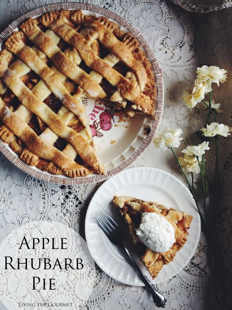 Apple Rhubarb Pie - Living The Gourmet Apple Rhubarb Pie, Apple Rhubarb, Rhubarb Recipes Pie, Rhubarb Pie, Easy Pie, Rhubarb Recipes, Flaky Crust, Homemade Pumpkin, Fresh Cream