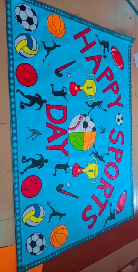 Sport Banner Design Poster, Sports Chart For School, Sports Day Poster School Drawing, Sports Day Chart For School, Sports Day Decoration Ideas Preschool, Sports Day Bulletin Board Ideas, Sports Day Poster School, Sport Day Decoration Ideas For Kids, Sports Day Theme Ideas