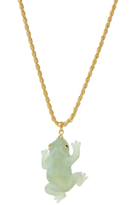 A cute jade frog pendant hangs off an 18K gold plated chain necklace. - 18K gold plated jade frog pendant necklace- Approx. 20" length- Imported 18K gold plated sterling silver, jade Geeky Clothes, Frog Jewelry, Magical Jewelry, Jade Necklace, Jade Jewelry, Fancy Jewelry, Pin Jewelry, Gold Plated Chains, Pretty Jewellery