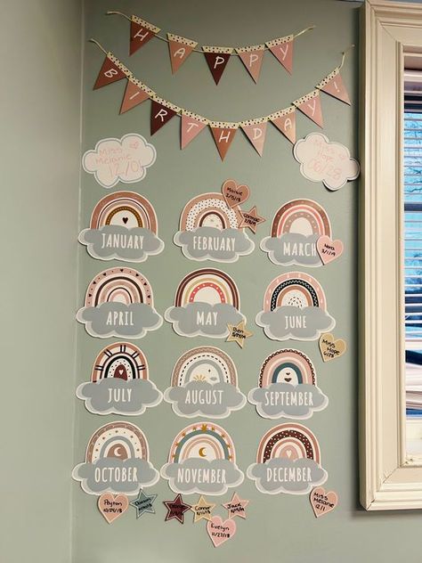 33 Beautiful Birthday Bulletin Board Ideas Boho Classroom Birthday Board, Classroom Birthday Wall Ideas, Birthday Display In Classroom Preschool, Boho Infant Classroom, Boho Theme Classroom Decor, Boho Classroom Decor Ideas Preschool, Boho Preschool Classroom Decor, Boho Daycare Room, Classroom Themes Boho