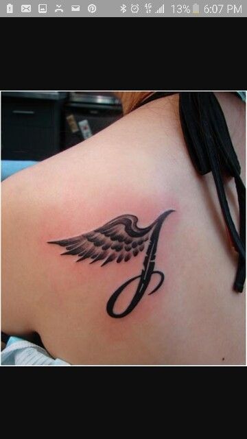 Letter wing Small Angel Wing Tattoo With Initials, Angel Wings Initial Tattoo, Tattoos In Remembrance, Tattoo Guardian Angel, Simple Angel Tattoos, Lost Loved Ones Tattoo, Dedication Tattoos, Small Angel Tattoo, Small Angel Wing Tattoo