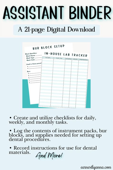 An essential office tool for Dental Assistants. It’s the perfect way to stay organized, and create a customized reference manual for your office! Dental Assistant Checklist, Lead Dental Assistant, Dental Lab Case Organization, Dental Assistant Daily Checklist, Dental Office Manager Organization, Dental Office Manager Tips, Dental Organization Ideas, Dental Assistant Study Notes, Dental Office Organization Ideas