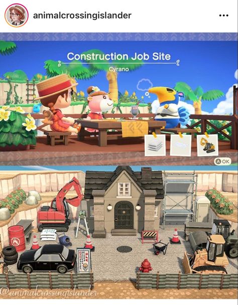 Animal Crossing Construction Site, Dig Site Acnh, Animal Crossing Excavation Site, Acnh Restaurants Happy Home Paradise, Surf Shop Animal Crossing, Construction Jobs, Happy Home Designer, Second Story, Two Story Homes