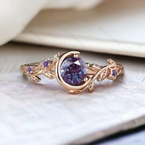 Alexandrite Engagement Ring, Nature Inspired Moon Star Color-change Alexandrite Ring, Vintage Rose Gold Amethyst Ring, Celestial Ring Gift - Etsy Tree Of Life Engagement Ring, Bismuth Engagement Ring, Moon Themed Engagement Ring, Purple Ring Wedding, Star Trek Engagement Ring, Engagement Rings Inspired By Nature, Magic Engagement Ring, Purple Gemstone Engagement Rings, Cute Ring Designs