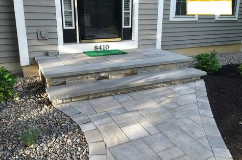 Front Stoop And Walkway Ideas, Unilock Walkway Ideas, Paved Steps To Front Door, Stoops And Steps, Stone Walk Ways To Front Door, Front Door Walkway Ideas Entrance, Two Step Front Porch, Exterior Walkway Ideas, Front Entry Steps Ideas