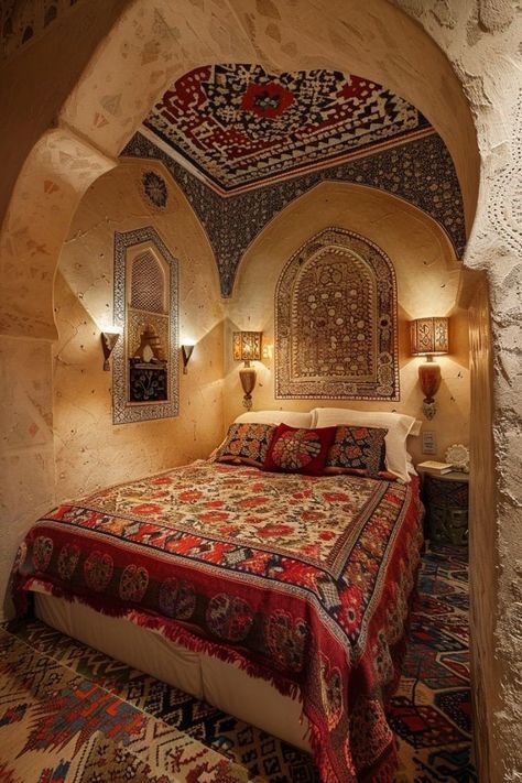 Bahrain Architecture, Middle Eastern Bedroom, Pretty Locations, Moroccan Bedroom Ideas, Moroccan Inspired Bedroom, Arabic Interior Design, India Aesthetic, Bedouin Tent, Moroccan Houses