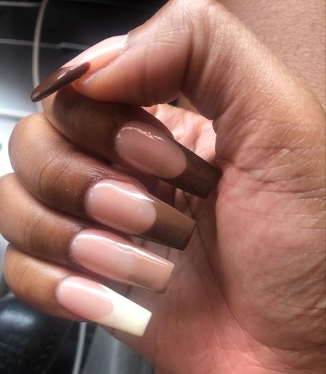 French Tip With Fall Colors, Tan Tips Nails, Different Shades Of Brown French Tips, Matte Nail Glossy French Tip, Shades Of Brown French Tip Nails, Brown Ombre French Tip Nails, Brown Nude Acrylic Nails, Brown And Nude Acrylic Nails, Light Brown French Tip Nails