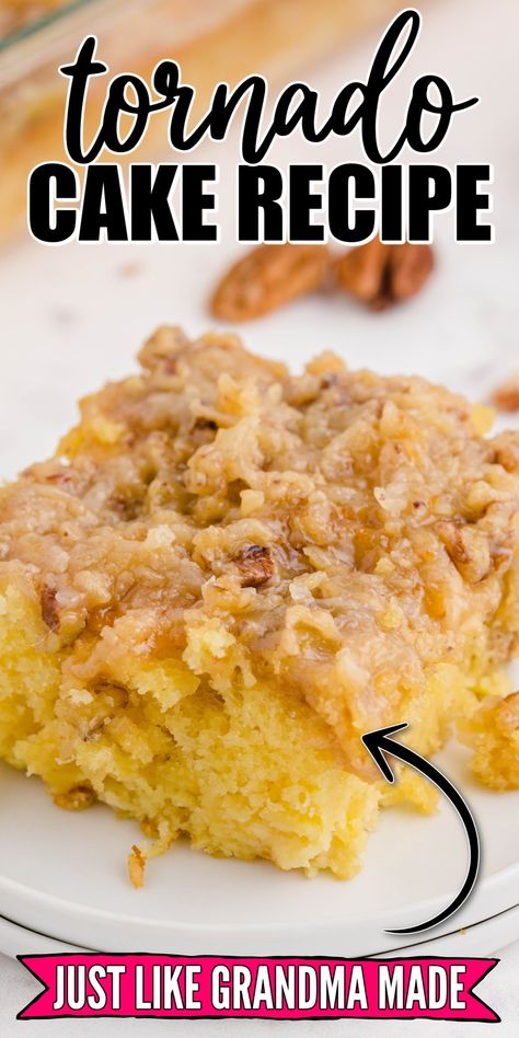 Tornado cake is a classic southern dessert, quick and easy to make—moist pineapple-flavored sheet cake covered with coconut frosting and top with chopped pecans. Tornado Cake, Dessert Quick, Boxed Cake Mixes Recipes, Cake Mixes, Coconut Frosting, Glass Baking Dish, Cake Mix Recipes, Dessert Dishes, Cake Cover