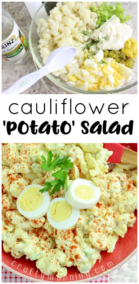 Mock Cauliflower 'potato' salad...the perfect summer BBQ side dish on the keto diet. Ketogenic diet/low carb potato salad. Homemade classic potato salad recipe. Cauliflower Potato Salad, Summer Bbq Side Dishes, Low Carb Potatoes, Salad Homemade, Bbq Side Dish, Creamy Salad, Cauliflower Potatoes Salad, Bbq Cookout, Classic Potato Salad