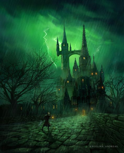 ArtStation - Evil Fortress, angelina andreas Evil Fortress, Villain Disney, Environment Reference, Evil Disney, Green Moon, Haunted Castle, Mystical Places, Gothic Fantasy Art, Iphone Wallpaper Sky