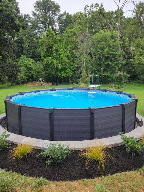 Intex Above-Ground Pool Landscaping Makeover (Pool Landscaping With Retaining Wall) — Peony Street Diy Pool Steps Above Ground, Pool Steps Above Ground, Pool Deck Diy, Intex Pool Ideas, Above Ground Pool Designs, Decks For Above Ground Pools, Small Pool Deck, Diy Pool Steps, Diy Above Ground Pool Landscaping