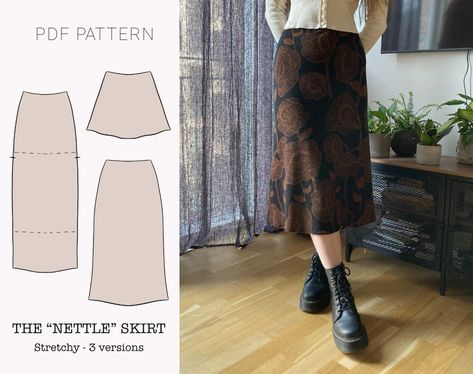 The "Nettle" Knit Skirt PDF sewing pattern YouTube video tutorial: https://youtu.be/jTIwKuoJhE0 This pattern includes: - mini, midi and maxi length variations - straight, A-line, wider A-line variations Sizes 4-24 This purchase includes:  - A4 PDF and US letter format  - A0 PDF format  - Instructions (recommended way of assembling the pattern) Fabric recommendation: stretchy knit fabric such as stretch jersey, stretch velvet or stretch jacquard Supplies - Knit fabric    Width: 140cm/55"     Leng Straight Maxi Skirt Pattern, Tweed Skirt Sewing Pattern, Velvet Skirt Sewing Pattern, A Line Maxi Skirt Pattern, Jersey Skirt Pattern, Velvet Skirt Pattern, Whimsigoth Sewing Patterns, Simple Skirt Pattern Diy, Autumn Sewing Patterns