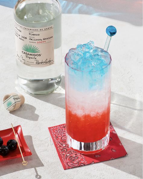 Casa Red, White and Blue Cocktail - Best Red, White and Blue Cocktails for 4th of July Red White And Blue Margaritas, Red White Blue Cocktails, Casamigos Tequila Drinks, Red White And Blue Cocktails, Strawberry Basil Margarita, Blue Tequila, Patriotic Drinks, Fourth Of July Drinks, Patriotic Cocktails