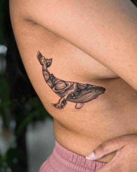 Space Whale Tattoo, Cool Space Tattoos, Planet Ink, Physics Tattoos, Space Tattoo Ideas, Rose Gold Tattoo, Ribs Tattoo, Tattoo Space, Penrose Triangle