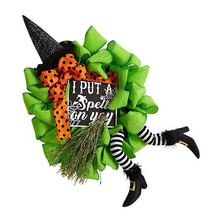 Put a spell on all your guests with this artificial wreath. Celebrate witches this Halloween season with the help of this chic and edgy wreath. The witch's quirky, eclectic outfit delivers a fun color scheme, creating a focal point for everyone to see. Let the witch greet all your guests while subtly putting a spell on the costume party. With dimensions of 26in. Add to any bare wall or door. Perfect for Halloween cheer. Artificial wreaths are manufactured using synthetic materials, such as polye Eclectic Outfit, Halloween Witch Brooms, Holiday Decor Halloween, Witch Wreath, Witch Broom, Artificial Wreath, Theme Halloween, Wreaths & Garlands, Fun Color