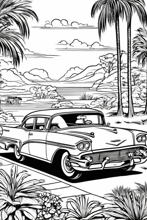 Classic 1950s car parked by a tropical landscape with palm trees and mountains. Cool Car Coloring Pages, Muscle Car Coloring Pages, Classic Car Coloring Pages, Car Coloring Sheets, Coloring Pages Cars, Simple Car Drawing, Car Coloring Pages, Dung Beetle, Vintage Automobiles