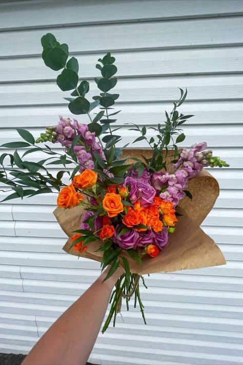 Purple Orange Bouquet, Purple And Orange Bouquet, Purple Snapdragon, Snapdragon Bouquet, Orange Bouquet, Roses Orange, Roses Purple, Orange Bouquets, Purple Wildflowers