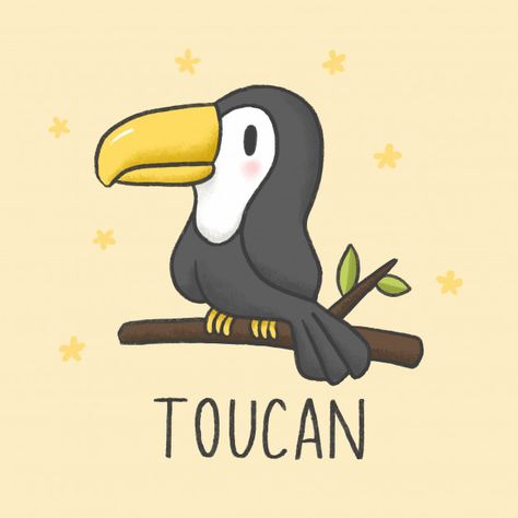 Cute toucan cartoon hand drawn style Pre... | Premium Vector #Freepik #vector #background #logo #birthday #tree Cute Bird Drawing Cartoon, Cute Jungle Animal Drawings, Toucan Cartoon, Cute Jungle Animals Illustration, Dolphin Cartoon, Toucan Painting Easy, Birthday Tree, Animal Doodles, Rabbit Cartoon