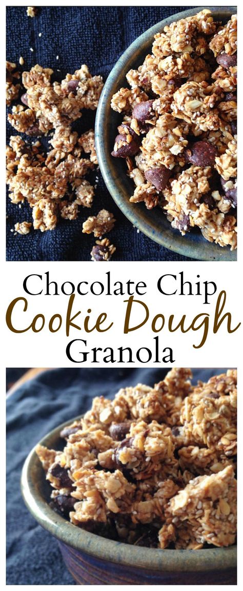 Chocolate Chip Cookie Dough Granola is the best granola you will ever taste! Cereal Mixes, Healthy Chocolate Chip Cookie Dough, Healthy Chocolate Chip Cookie, Simple Granola, Pantry Diy, Granola Bites, Best Granola, Healthy Cookie Dough, Make Chocolate Chip Cookies