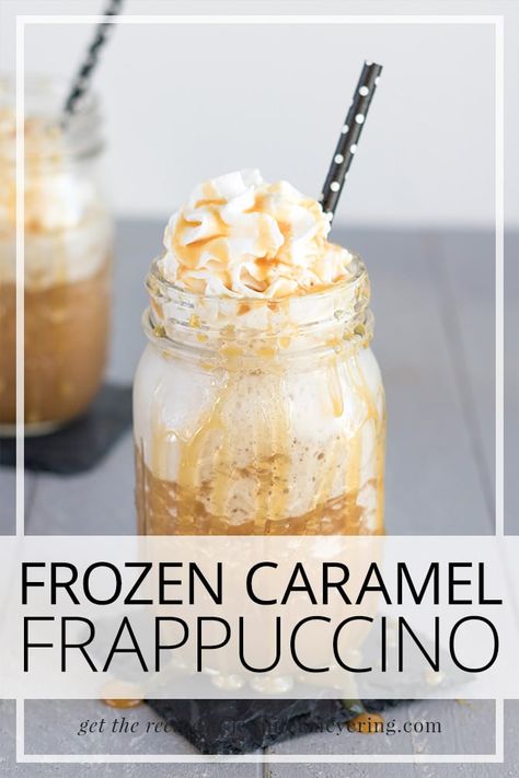 Need a little pick-me-up but don't want to head to the local coffee drive-thru? Make this frozen caramel frappuccino at home instead! Protein Caramel, Carmel Coffee, Silk Almond Milk, Almond Creamer, Caramel Frappuccino, Frozen Coffee, Premier Protein, Caramel Coffee, Boozy Drinks