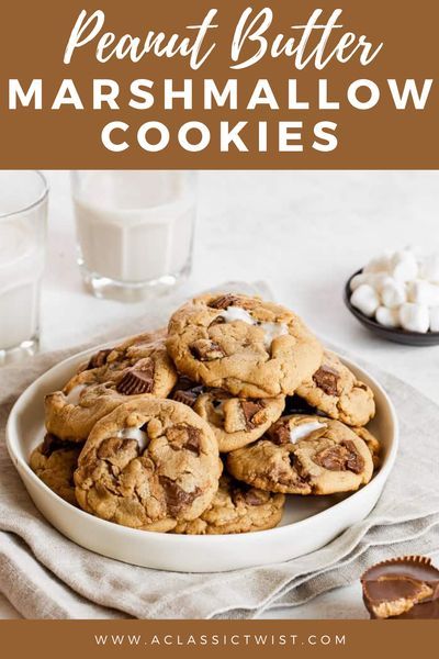 These Reese's Peanut Butter Marshmallow cookies are moist and chewy with chunks of peanut butter bites. If you are a peanut butter fan, then you need to make these cookies because you will love them. #aclassictwist #peanutbuttermarshmallowcookies #peanutbuttercookies #reesespeanutbuttercookies Reeses Marshmallow Cookies, Peanut Butter Marshmallow Cookies, Chocolate Chip Marshmallow, Chocolate Chips And Peanut Butter, Chocolate Chip Marshmallow Cookies, Butter Bites, Marshmallow Chocolate, Peanut Butter Bites, Peanut Butter Marshmallow