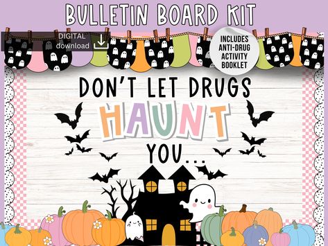 anti-drug bulletin board | halloween bulletin board | health wellbeing bulletin board | October classroom decor | nurses station Office Bulletin Boards, Health Bulletin Boards, October Classroom, Halloween Bulletin Boards, Nurses Station, Red Ribbon Week, Aura Colors, Health And Wellbeing, Red Ribbon