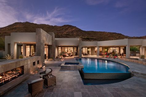 Desert Mountain Mansion - In Photos: Single-Story Luxury Homes - Forbes Modern Pueblo, Pueblo House, Mountain Mansion, Architecture Collection, Contemporary Patio, Desert Homes, Luxe Interiors, Mountain Homes, Custom Home Builders