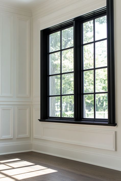 13 Chic Ideas for White Walls with Black Trim - DreamyHomeStyle White Wall Black Window Trim, White Walls Black Windows Living Room, Modern Home Trim, Wall Molding With Windows, Black Window Frames Interior White Trim, Black Interior Window Trim, Black Interior Windows With Black Trim, White Room Black Trim, Black Window Trim Interior Living Room