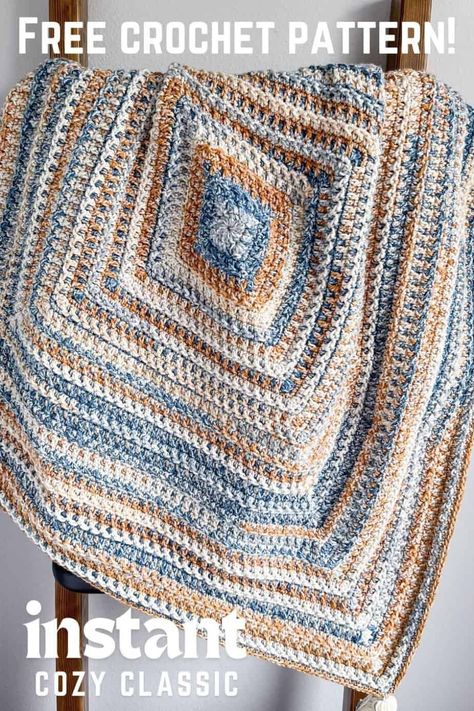 The Coastal Haven Throw is a free crochet blanket pattern by Nana's Crafty Home! This center-out square blanket is worked in the round with an easy to memorize, beginner friendly stitch repeat. With lovely and uniquely woven texture providing a different look. Made with self-striping yarn for easy color changes. This square blanket would make the perfect baby blanket or as a lovely and cozy throw for the couch! Crochet Blanket In Rounds, Crochet Blanket Patterns In The Round, Crochet Squares Afghan Blanket Patterns, Crochet Patterns For Self Striping Yarn, Dk Crochet Blanket Patterns Free, Bulky Crochet Blanket Pattern Free, Crochet Blanket In The Round Pattern, Crochet Patterns In The Round, Crochet Blankets In The Round