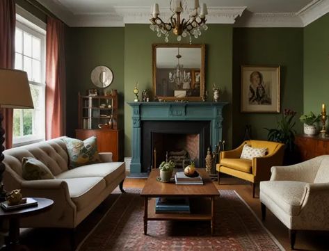 Living Room Designs Low Ceiling, Green Kitchen And Living Room Combo, Warm Color Living Room, Olive Green Couch Living Room Ideas, Eclectic Traditional Living Room, Traditional Eclectic Living Room, Vintage Eclectic Living Room, Cozy Vintage Living Room, Eclectic Living Room Ideas