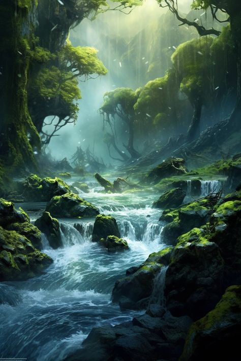 Fantasy Scenes Art, Fantasy Nature Landscape, Fantasy Grasslands, River Fantasy Art, Fantasy Landscape Art Nature, River Concept Art, Fantasy Landscape Illustration, Fantasy River, Landscape Fantasy Art