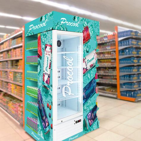 Hide away for fridge Fridge Display Retail Store Design, End Cap Display, Fridge Display, Commercial Fridge, Cool Retail, Display Fridge, Yogurt Brands, Fridge Design, Display Refrigerator