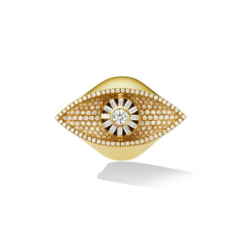 This exceptionally radiant diamond evil eye cocktail ring in 18k yellow gold is the perfect talisman for protection and luck. This impressive cocktail ring is set with impeccably cut white diamonds all along the concave surface. The gold ball in the center that represents the pupil of the eye rotates on an axis to reveal a round, brilliant center diamond encircled by white diamond baguettes. This ring is a feat of the imagination and Italian craftsmanship and will have you feeling your most powe Double Heart Ring, Yellow Gold Cocktail Ring, Diamond Evil Eye, Diamond Cocktail Ring, Gold Cocktail Ring, Gold Cocktail, Italian Craftsmanship, Diamond Cocktail Rings, Radiant Diamond