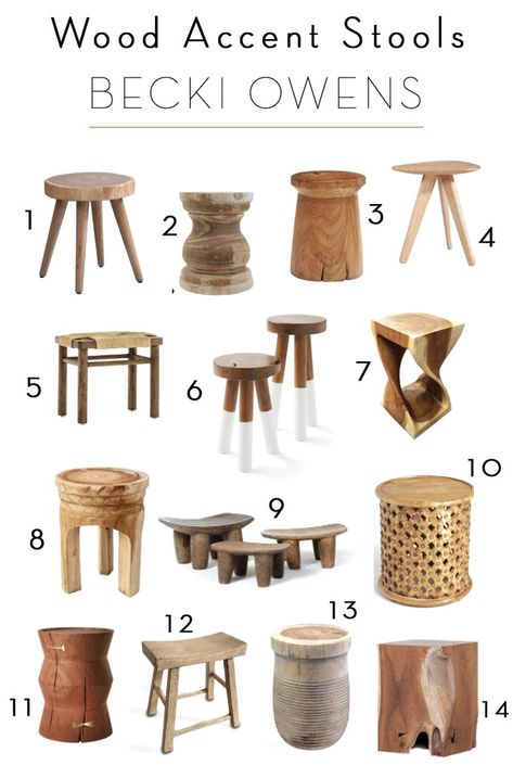 Wood Accent Stool RoundupBECKI OWENS Wood Accent Stool, Wood Bathroom Stool, Stool Coffee Table, Wooden Stool Design, Wood Stool Design, Stool Design Ideas, Stools, Wooden Stool, Wooden Stool Designs