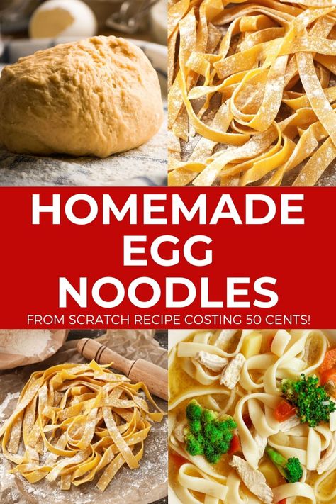 Easy to make homemade egg noodles to serve in soup. Made from scratch with egg, salt, milk, flour and baking powder, costing about 50 cents. Noodles From Scratch Recipe, Noodle Recipes Homemade, Stand Mixer Recipes, Egg Noodle Recipes, Homemade Egg Noodles, Mixer Recipes, Homemade Noodles, Pasta Dough, Yummy Chicken Recipes