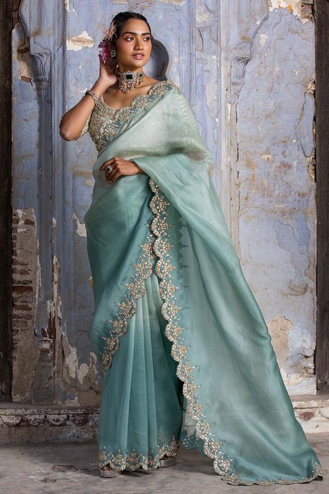 Ombre Saree, Organza Sari, Zari Saree, Saree Blouses Online, Full Sleeve Blouse, Organza Blouse, Bridal Lehenga Red, Indian Wedding Wear, Green Saree