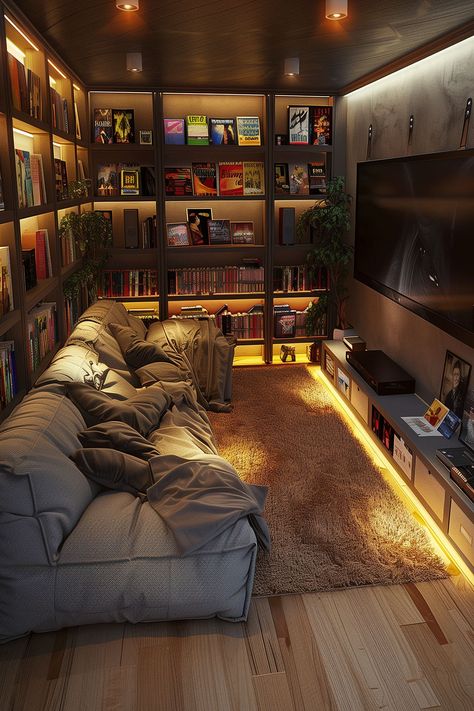 Movie Room Interior Design, Living Room Decor Small Space Cozy, Movie Den Room, Home Theatre Small Room, Cool Interior Design Living Room, Small House Interiors Ideas, Movie Room Small Space, Theater And Game Room Ideas, Media Room Small Space