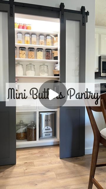 Shandy & Mark on Instagram: "From the moment we moved in, I KNEW this kitchen needed a pantry but I didn’t want a plain ol’ boring pantry. I still wanted it to be pretty and functional like a butlers pantry… Juuuuust smaller. • We started by removing the old flooring because we already knew we were going to eventually replace the floors. We framed, added electrical for can lights, drywalled, mudded, taped, primed and painted. Mark built every last thing from scratch and he did a PHENOMENAL job. • Doors are “Silhouette” from @benjaminmoore Walls are “Alabaster” from Benjamin Moore Recessed can lights are from @homedepot Door hardware is from Amazon and under $100 🤩🥳 . . . . #homerenovation #diyhomeimprovement #homeimprovementprojects #homeimprovement #diyhomerenovation #beforeandafterhome Shallow Kitchen Pantry, Pantry Renovation Ideas, Pantry Sliding Door Ideas, Pantry Doors Ideas, Kitchen Wall Pantry, Built In Pantry Cabinet Wall, Old Flooring, Pantry Door Ideas, Kitchen Pantry Doors