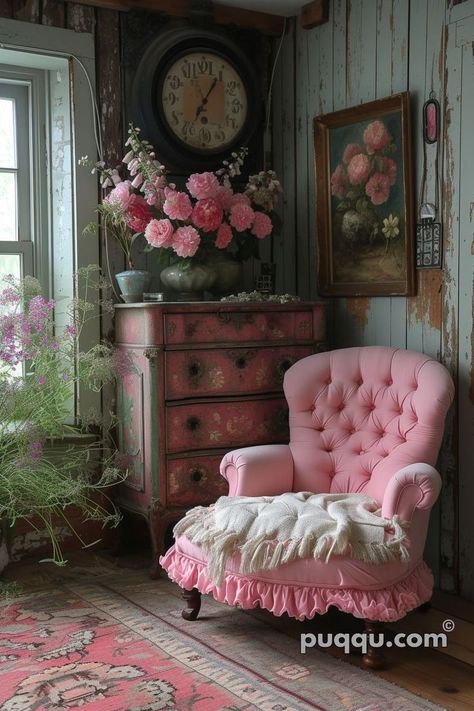 Victorian Vibes, Girly Apartments, Girly Apartment Decor, Pink Victorian, Aesthetic Room Ideas, Dream Place, Casa Vintage, Shabby Chic Bedroom, Pink Chair