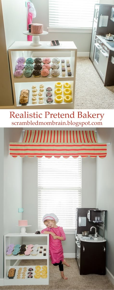 Scrambled Mom Brain: Realistic Pretend Bakery Diy Bakery Decor, Playroom Pretend Play, Bakery Playhouse, Dramatic Play Bakery, Playroom Playhouse, Pretend Bakery, Crunchy Baby, Play Bakery, Imagination Play