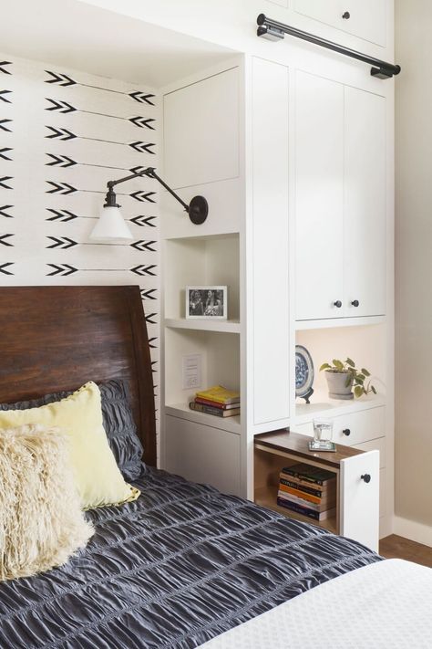 Headboard Built In, Built In Headboard And Nightstand, Primary Bedroom Built Ins, Built In Shelves Around Bed, Bedroom Built In Shelves, Built In Headboard Wall, Built In Nightstand, Built In Shelves Bedroom, Bed Alcove