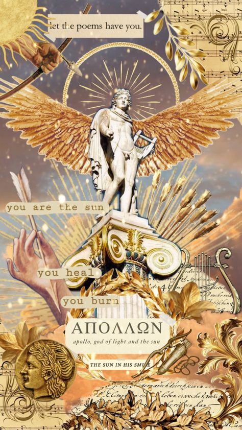 Gold Aesthetic Wallpaper, Apollo Mythology, Apollo Aesthetic, Apollo Greek, Apollo Cabin, God Of The Sun, Percy Jackson Wallpaper, Mythological Characters, Sun Aesthetic