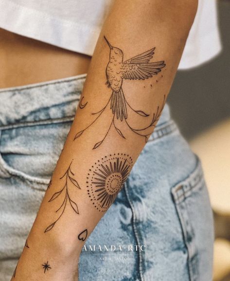 South Western Tattoo, Outer Lower Arm Tattoos For Women, Southwestern Tattoos For Women, Feminine Bicep Tattoo, Boho Arm Tattoo, Inside Forearm Tattoos, Fineline Sleeve Tattoo, Womanhood Tattoo, Underarm Tattoo Women