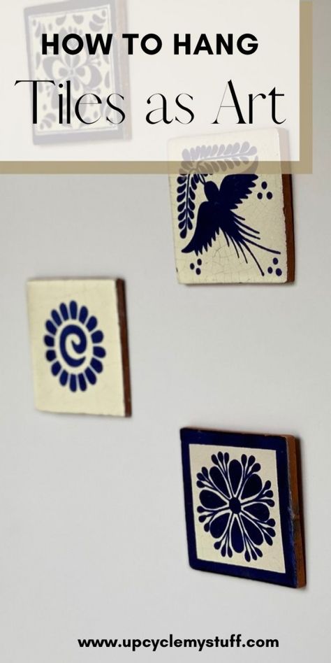 How to Upcycle Tiles as Wall Art - Upcycle My Stuff Tile As Art, Frame Tile Art, Tile Wall Art Diy, How To Hang Ceramic Tiles On Wall, Ceramic Tile Art Wall Hangings, Tiles Decoration Ideas, Painted Tiles Art, Tile Display Ideas, Hand Painted Tiles Diy