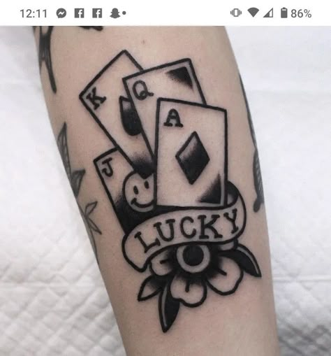 Traditional Tattoo Sleeve Filler, Aces Tattoo, Poker Tattoo, Playing Card Tattoos, Traditional Hand Tattoo, Lucky Tattoo, Traditional Tattoo Sleeve, Old School Tattoo Designs, Tattoo Old School